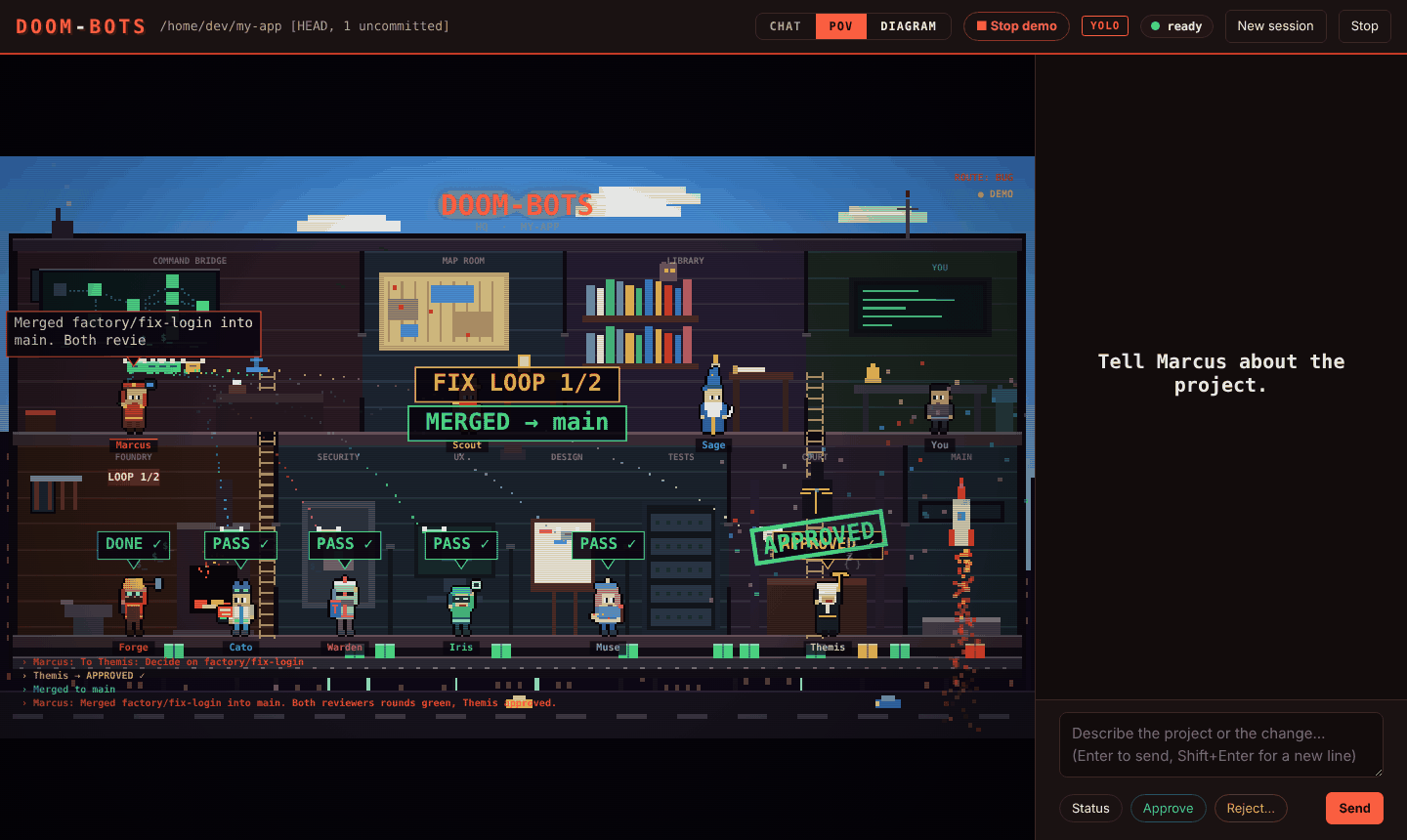 DOOM-Bots isometric pixel office view